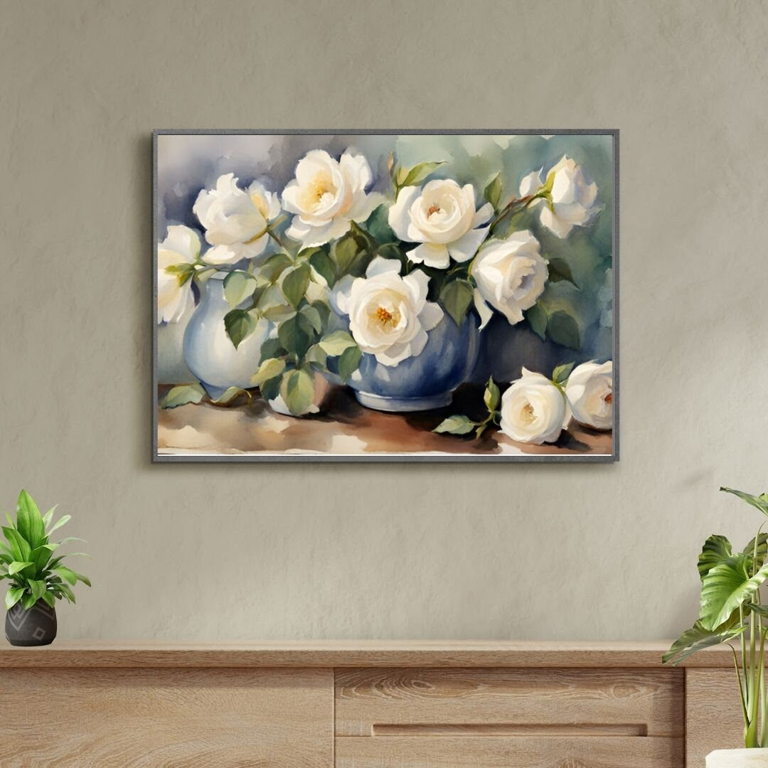 Floral Frame TV Art, Spring Frame tv art Rustic, White Roses Painting, Roses Floral TV Artwork Cottage Decor, Home Decor