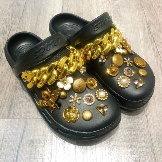 Custom Unisex Crocs, Slippers Shoes With Charms Jewelry, Sport Sandals with charms, Crocs with Golden Charms, Gifts for Friend, Clogs